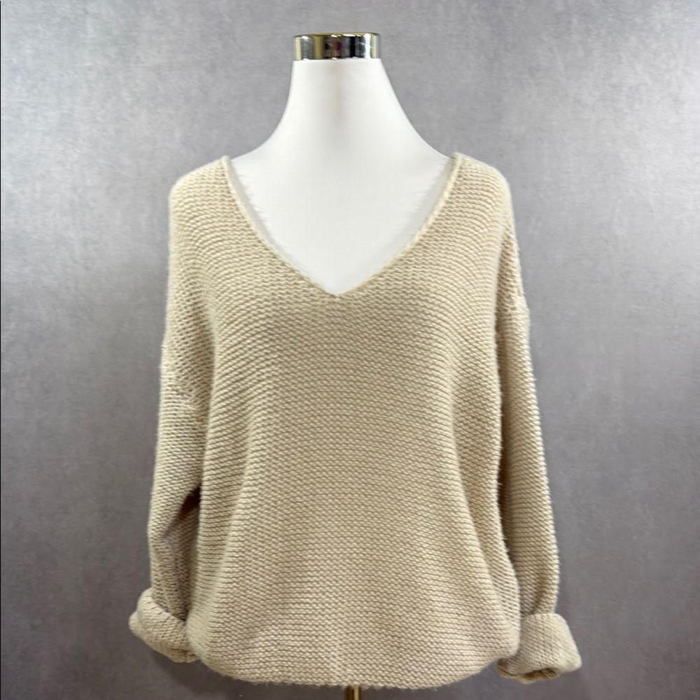Cream Textured Knit V-Neck Sweater